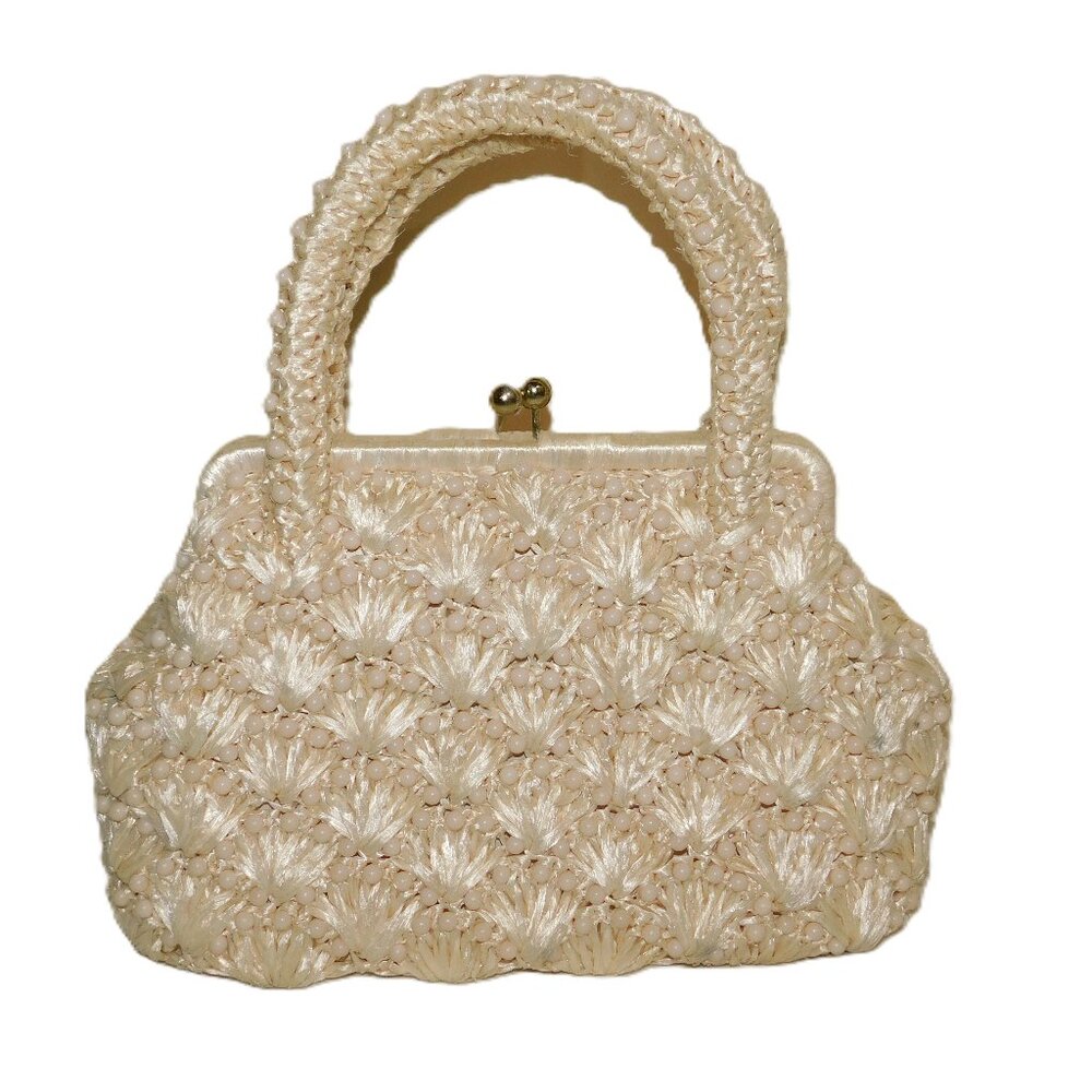 Vintage Cream Woven Beaded Handbag